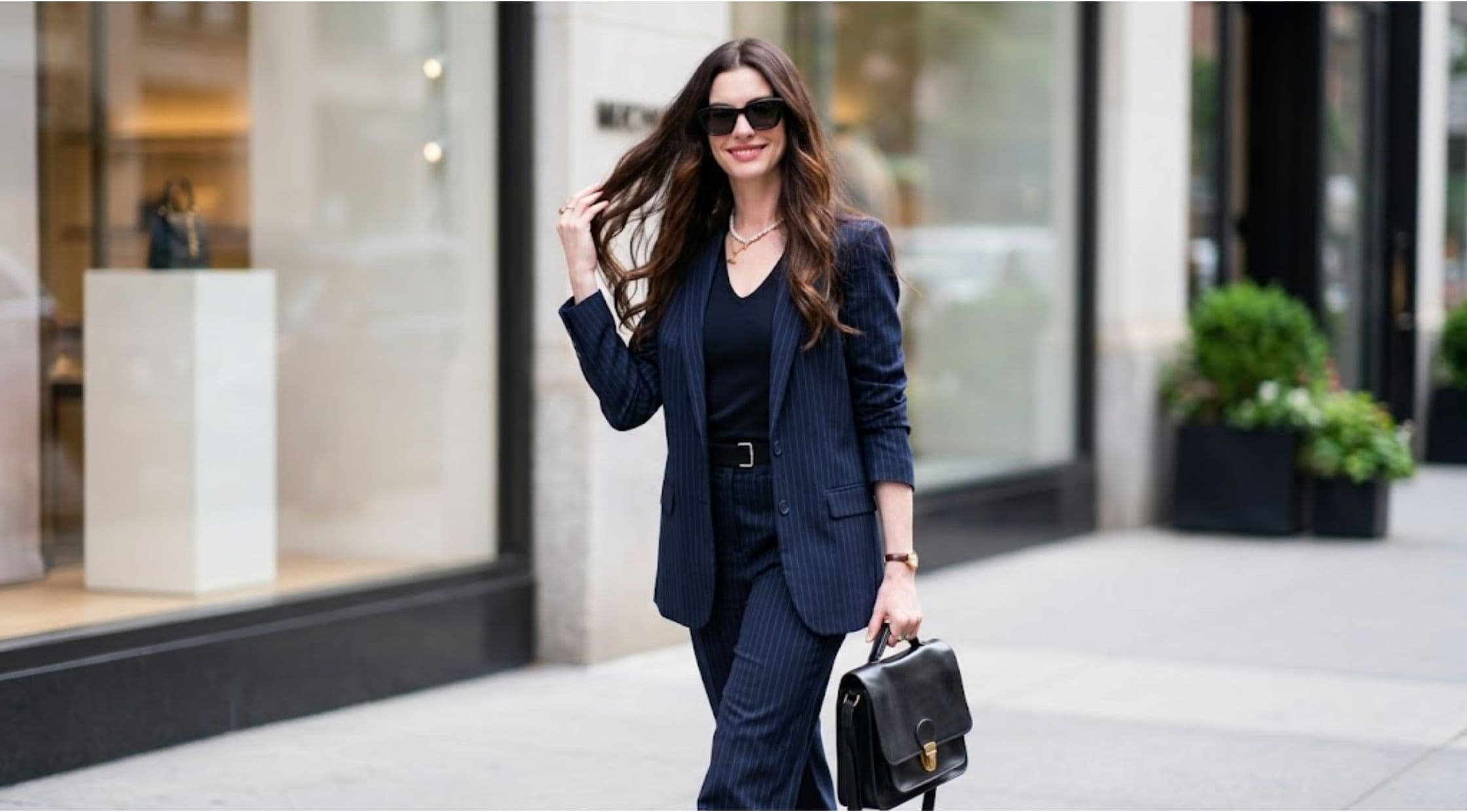 How to Get Anne Hathaway’s Blue Pinstripe Blazer Look